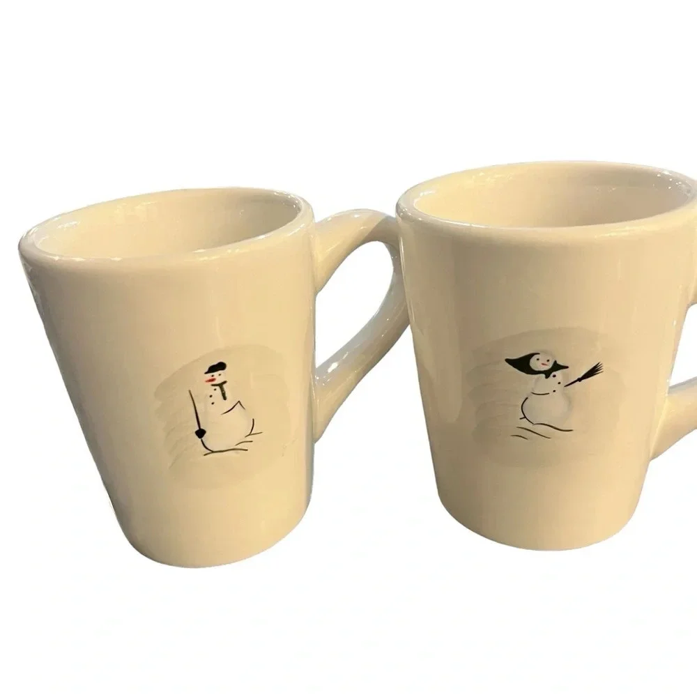 PAIR Williams Sonoma Snow Man and Woman Winter Holiday Mugs TWO